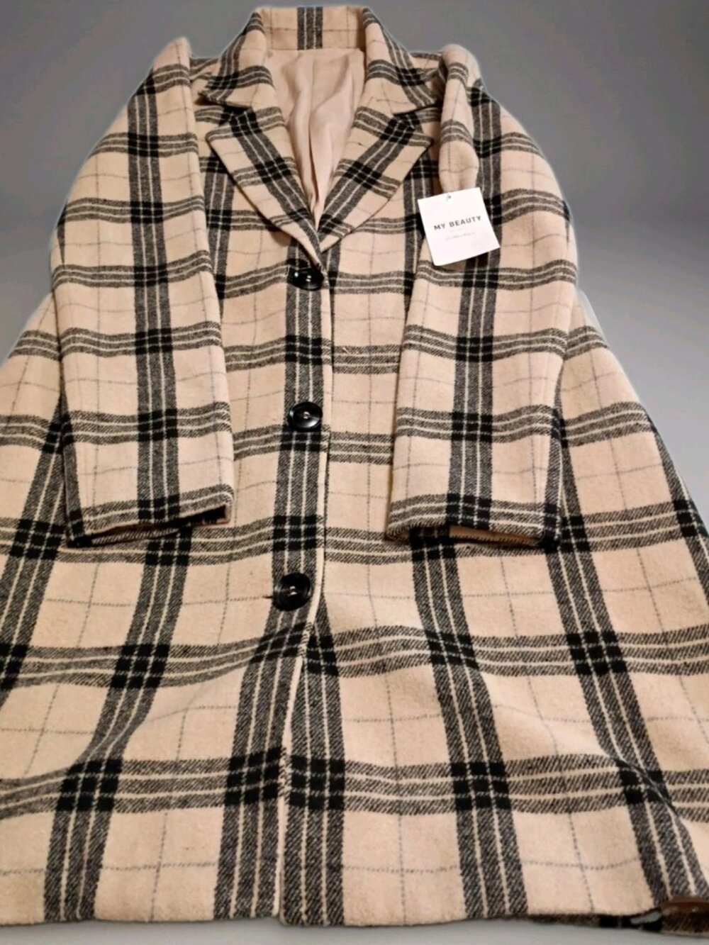 Women's My Beauty Collect Long Plaid Coat Notched Lapel M NWT